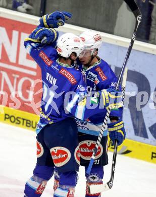 EBEL. Eishockey Bundesliga. EC VSV gegen SAPA Fehervar AV19. Torjubel Marco Pewal, Derek Ryan,  (VSV). Villach, am 30.12.2012.
Foto: Kuess 


---
pressefotos, pressefotografie, kuess, qs, qspictures, sport, bild, bilder, bilddatenbank