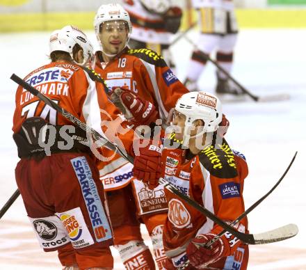 EBEL. Eishockey Bundesliga. EC KAC gegen HC Orli Znojmo.  Torjubel Florian Iberer, Thomas Koch, Jamie Lundmark (KAC). Klagenfurt, am 30.12.2012.
Foto: Kuess 


---
pressefotos, pressefotografie, kuess, qs, qspictures, sport, bild, bilder, bilddatenbank