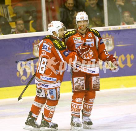 EBEL. Eishockey Bundesliga. EC KAC gegen HC Orli Znojmo. Torjubel John Lammers, Thomas Koch (KAC). Klagenfurt, am 30.12.2012.
Foto: Kuess 


---
pressefotos, pressefotografie, kuess, qs, qspictures, sport, bild, bilder, bilddatenbank