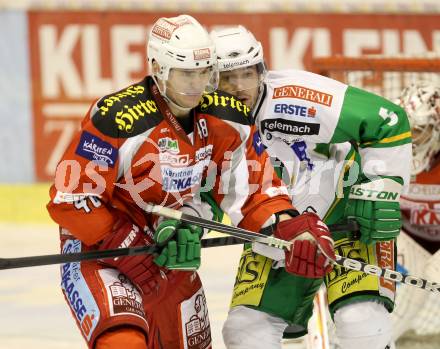 EBEL. Eishockey Bundesliga. EC KAC gegen HDD TELEMACH Olimpija Ljubljana. Florian Iberer,  (KAC), Thomas Andrew  (Laibach). Klagenfurt, am 1.1.2013.
Foto: Kuess 


---
pressefotos, pressefotografie, kuess, qs, qspictures, sport, bild, bilder, bilddatenbank