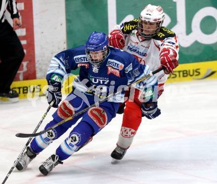 Eishockey. EBYSYL. VSV U20 gegen KAC U20. Valentin Leiler,  (VSV),  Thomas Vallant (KAC). Villach, 6.1.2013.
Foto: Kuess
---
pressefotos, pressefotografie, kuess, qs, qspictures, sport, bild, bilder, bilddatenbank