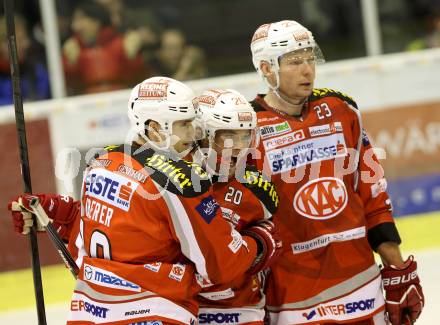 EBEL. Eishockey Bundesliga. EC KAC gegen Moser Medical Graz 99ers.   Torjubel John Lammers, Florian Iberer, MIke Siklenka (KAC). Klagenfurt, am 6.1.2013.
Foto: Kuess 


---
pressefotos, pressefotografie, kuess, qs, qspictures, sport, bild, bilder, bilddatenbank