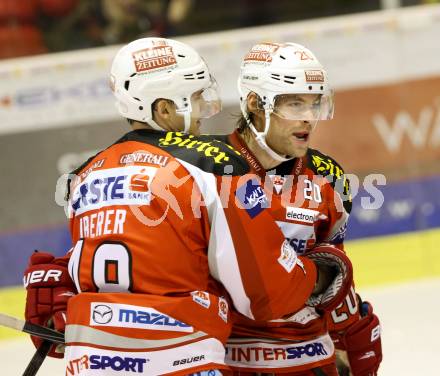 EBEL. Eishockey Bundesliga. EC KAC gegen Moser Medical Graz 99ers.   Torjubel John Lammers, Florian Iberer (KAC). Klagenfurt, am 6.1.2013.
Foto: Kuess 


---
pressefotos, pressefotografie, kuess, qs, qspictures, sport, bild, bilder, bilddatenbank