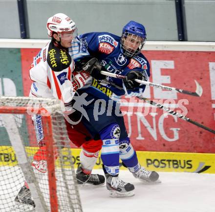 Eishockey. EBYSYL. VSV U20 gegen KAC U20. Christian Heinricher,  (VSV),  Andreas Forcher (KAC). Villach, 6.1.2013.
Foto: Kuess
---
pressefotos, pressefotografie, kuess, qs, qspictures, sport, bild, bilder, bilddatenbank