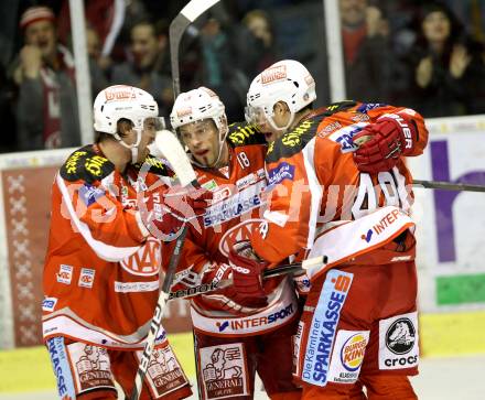 EBEL. Eishockey Bundesliga. EC KAC gegen Moser Medical Graz 99ers.   Torjubel THomas Koch, Florian Iberer, John Lammers, SCHUMNIG Martin (KAC).. Klagenfurt, am 6.1.2013.
Foto: Kuess 


---
pressefotos, pressefotografie, kuess, qs, qspictures, sport, bild, bilder, bilddatenbank