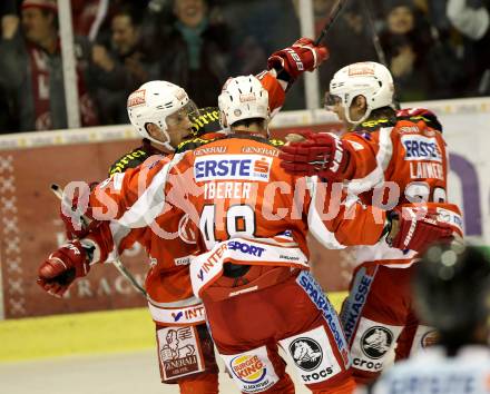 EBEL. Eishockey Bundesliga. EC KAC gegen Moser Medical Graz 99ers.   Torjubel THomas Koch, Florian Iberer, John Lammers (KAC). Klagenfurt, am 6.1.2013.
Foto: Kuess 


---
pressefotos, pressefotografie, kuess, qs, qspictures, sport, bild, bilder, bilddatenbank