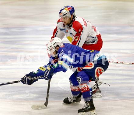 EBEL. Eishockey Bundesliga. EC VSV gegen EC Red Bull Salzburg. Nikolaus Hartl, (VSV),  Alexander Pallestrang  (Salzburg). Villach, am 11.1.2013.
Foto: Kuess 


---
pressefotos, pressefotografie, kuess, qs, qspictures, sport, bild, bilder, bilddatenbank