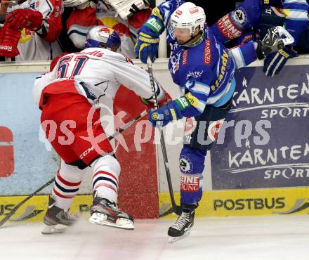 EBEL. Eishockey Bundesliga. EC VSV gegen EC Red Bull Salzburg. Antti Pusa,  (VSV), Matthias Trattnig (Salzburg). Villach, am 11.1.2013.
Foto: Kuess 


---
pressefotos, pressefotografie, kuess, qs, qspictures, sport, bild, bilder, bilddatenbank