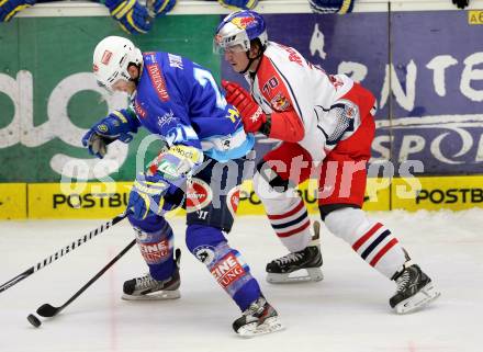 EBEL. Eishockey Bundesliga. EC VSV gegen EC Red Bull Salzburg. Benjamin Petrik, (VSV), Markus Poeck  (Salzburg). Villach, am 11.1.2013.
Foto: Kuess 


---
pressefotos, pressefotografie, kuess, qs, qspictures, sport, bild, bilder, bilddatenbank