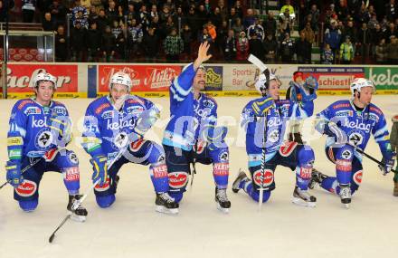 EBEL. Eishockey Bundesliga. EC VSV gegen EC Red Bull Salzburg. Derek Ryan, Scott Hotham, Brad Cole, Marco Pewal, Gerhard Unterluggauer (VSV). Villach, am 11.1.2013.
Foto: Kuess 


---
pressefotos, pressefotografie, kuess, qs, qspictures, sport, bild, bilder, bilddatenbank