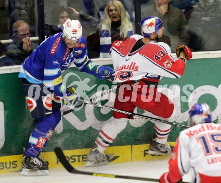 EBEL. Eishockey Bundesliga. EC VSV gegen EC Red Bull Salzburg. Brad Cole,  (VSV), Ryan Glenn (Salzburg). Villach, am 11.1.2013.
Foto: Kuess 


---
pressefotos, pressefotografie, kuess, qs, qspictures, sport, bild, bilder, bilddatenbank