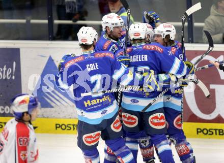 EBEL. Eishockey Bundesliga. EC VSV gegen EC Red Bull Salzburg. Torjubel VSV. Villach, am 11.1.2013.
Foto: Kuess 


---
pressefotos, pressefotografie, kuess, qs, qspictures, sport, bild, bilder, bilddatenbank