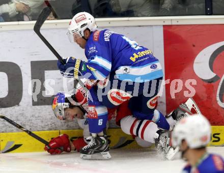 EBEL. Eishockey Bundesliga. EC VSV gegen EC Red Bull Salzburg. Gerhard Unterluggauer,  (VSV), Dominique Heinrich (Salzburg). Villach, am 11.1.2013.
Foto: Kuess 


---
pressefotos, pressefotografie, kuess, qs, qspictures, sport, bild, bilder, bilddatenbank