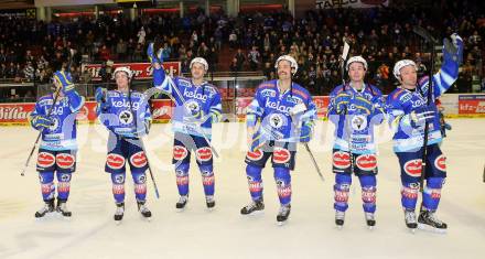 EBEL. Eishockey Bundesliga. EC VSV gegen EC Red Bull Salzburg. Derek Ryan, Scott Hotham, Brad Cole, Marco Pewal, Gerhard Unterluggauer (VSV). Villach, am 11.1.2013.
Foto: Kuess 


---
pressefotos, pressefotografie, kuess, qs, qspictures, sport, bild, bilder, bilddatenbank