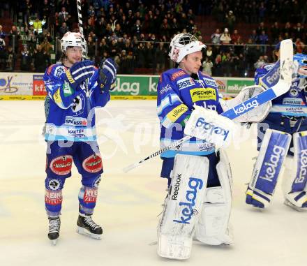 EBEL. Eishockey Bundesliga. EC VSV gegen EC Red Bull Salzburg. Jubel Andreas Wiedergut, Jean Philippe Lamoureux (VSV). Villach, am 11.1.2013.
Foto: Kuess 


---
pressefotos, pressefotografie, kuess, qs, qspictures, sport, bild, bilder, bilddatenbank