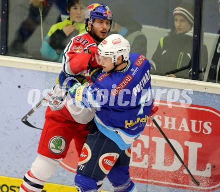 EBEL. Eishockey Bundesliga. EC VSV gegen EC Red Bull Salzburg. Klemen Pretnar,  (VSV), Andreas Kristler (Salzburg). Villach, am 11.1.2013.
Foto: Kuess 


---
pressefotos, pressefotografie, kuess, qs, qspictures, sport, bild, bilder, bilddatenbank