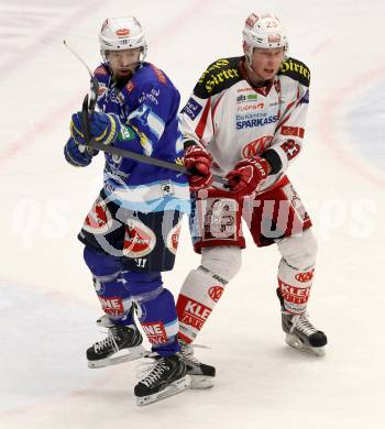 EBEL. Eishockey Bundesliga. EC VSV gegen KAC. Markus Peintner,  (VSV), Mike Siklenka (KAC). Villach, am 13.1.2013.
Foto: Kuess 


---
pressefotos, pressefotografie, kuess, qs, qspictures, sport, bild, bilder, bilddatenbank