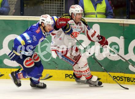 EBEL. Eishockey Bundesliga. EC VSV gegen KAC.  John Hughes, (VSV), Kirk Furey  (KAC). Villach, am 13.1.2013.
Foto: Kuess 


---
pressefotos, pressefotografie, kuess, qs, qspictures, sport, bild, bilder, bilddatenbank