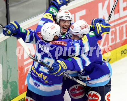 EBEL. Eishockey Bundesliga. EC VSV gegen KAC. Torjubel Antti Pusa, Derek Ryan, Marco Pewal (VSV). Villach, am 13.1.2013.
Foto: Kuess 


---
pressefotos, pressefotografie, kuess, qs, qspictures, sport, bild, bilder, bilddatenbank