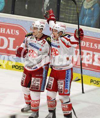 EBEL. Eishockey Bundesliga. EC VSV gegen KAC. Torjubel Kevin Doell, Tomislav Zanoski (KAC). Villach, am 13.1.2013.
Foto: Kuess 


---
pressefotos, pressefotografie, kuess, qs, qspictures, sport, bild, bilder, bilddatenbank