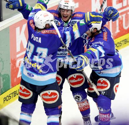 EBEL. Eishockey Bundesliga. EC VSV gegen KAC. Torjubel Antti Pusa, Derek Ryan, Marco Pewal (VSV). Villach, am 13.1.2013.
Foto: Kuess 


---
pressefotos, pressefotografie, kuess, qs, qspictures, sport, bild, bilder, bilddatenbank