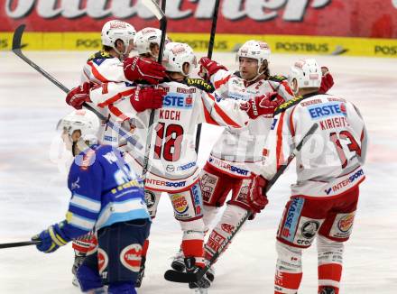 EBEL. Eishockey Bundesliga. EC VSV gegen KAC.  Torjubel Thomas Koch, Jamie Lundmark, John Lammers, Johannes Kirisits (KAC). Villach, am 13.1.2013.
Foto: Kuess 


---
pressefotos, pressefotografie, kuess, qs, qspictures, sport, bild, bilder, bilddatenbank