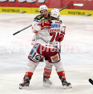 EBEL. Eishockey Bundesliga. EC VSV gegen KAC.  Torjubel Thomas Koch, Jamie Lundmark (KAC). Villach, am 13.1.2013.
Foto: Kuess 


---
pressefotos, pressefotografie, kuess, qs, qspictures, sport, bild, bilder, bilddatenbank