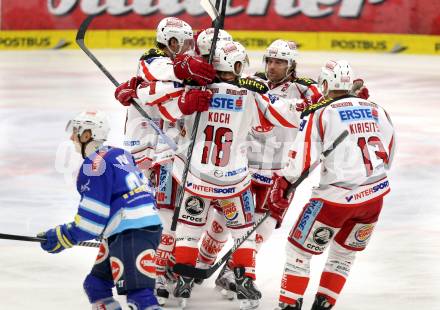 EBEL. Eishockey Bundesliga. EC VSV gegen KAC. Torjubel Thomas Koch, Jamie Lundmark, John Lammers, Johannes Kirisits (KAC). Villach, am 13.1.2013.
Foto: Kuess 


---
pressefotos, pressefotografie, kuess, qs, qspictures, sport, bild, bilder, bilddatenbank