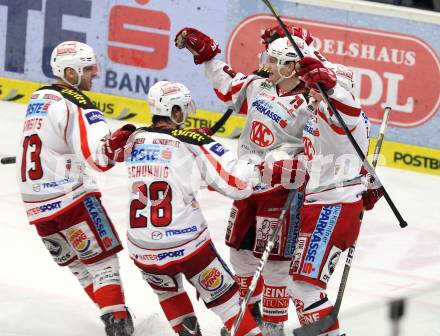 EBEL. Eishockey Bundesliga. EC VSV gegen KAC. Torjubel Kevin Doell, Tomislav Zanoski, Johannes Kirisits, Martin Schumnig (KAC). Villach, am 13.1.2013.
Foto: Kuess 


---
pressefotos, pressefotografie, kuess, qs, qspictures, sport, bild, bilder, bilddatenbank