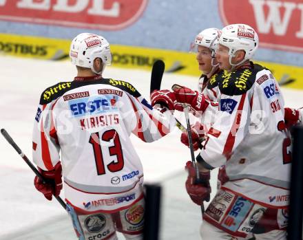 EBEL. Eishockey Bundesliga. EC VSV gegen KAC. Torjubel Johannes Kirisits, Tomislav Zanoski, Mike Siklenka (KAC). Villach, am 13.1.2013.
Foto: Kuess 


---
pressefotos, pressefotografie, kuess, qs, qspictures, sport, bild, bilder, bilddatenbank