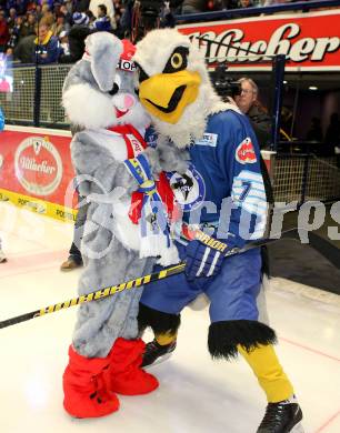 EBEL. Eishockey Bundesliga. EC VSV gegen KAC. Hopsi (Maskottchen der Schi WM in Schladming), Villi (Maskottchen VSV). Villach, am 13.1.2013.
Foto: Kuess 


---
pressefotos, pressefotografie, kuess, qs, qspictures, sport, bild, bilder, bilddatenbank