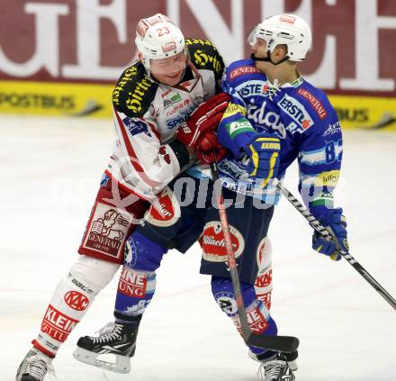 EBEL. Eishockey Bundesliga. EC VSV gegen KAC.  Antti Pusa,  (VSV), Mike Siklenka (KAC). Villach, am 13.1.2013.
Foto: Kuess 


---
pressefotos, pressefotografie, kuess, qs, qspictures, sport, bild, bilder, bilddatenbank