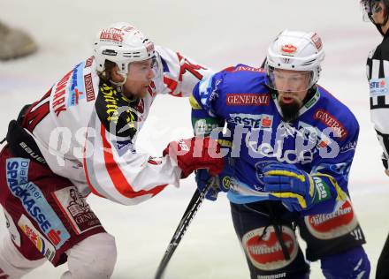 EBEL. Eishockey Bundesliga. EC VSV gegen KAC. Markus Peintner,  (VSV), Jamie Lundmark (KAC). Villach, am 13.1.2013.
Foto: Kuess 


---
pressefotos, pressefotografie, kuess, qs, qspictures, sport, bild, bilder, bilddatenbank