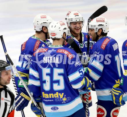 EBEL. Eishockey Bundesliga. EC VSV gegen HC Orli Znojmo. Torjubel Derek Damon, John Hughes, Scott Hotham, Justin Taylor (VSV). Villach, am 15.1.2013.
Foto: Kuess 


---
pressefotos, pressefotografie, kuess, qs, qspictures, sport, bild, bilder, bilddatenbank