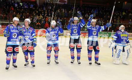 EBEL. Eishockey Bundesliga. EC VSV gegen HC Orli Znojmo. Jubel Derek Damon, Marco Pewal, Andreas Wiedergut, Mario Altmann, Scott Hotham, Jean Philippe Lamoureux (VSV). Villach, am 15.1.2013.
Foto: Kuess 


---
pressefotos, pressefotografie, kuess, qs, qspictures, sport, bild, bilder, bilddatenbank