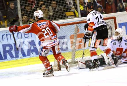 EBEL. Eishockey Bundesliga. EC KAC gegen HC TWK Innsbruck "Die Haie".   Torjubel John Lammers,  (KAC), Florian Pedevilla, Patrick Machreich (Innsbruck). Klagenfurt, am 15.1.2013.
Foto: Kuess 


---
pressefotos, pressefotografie, kuess, qs, qspictures, sport, bild, bilder, bilddatenbank