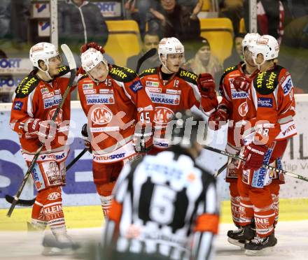 EBEL. Eishockey Bundesliga. EC KAC gegen HC TWK Innsbruck "Die Haie".   Torjubel Manuel Geier, David Schuller (KAC). Klagenfurt, am 15.1.2013.
Foto: Kuess 


---
pressefotos, pressefotografie, kuess, qs, qspictures, sport, bild, bilder, bilddatenbank