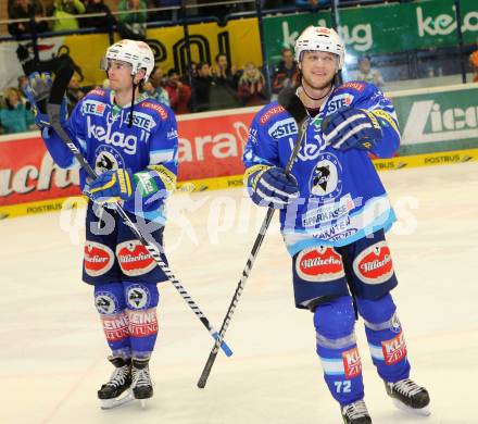 EBEL. Eishockey Bundesliga. EC VSV gegen HC Orli Znojmo. Jubel Derek Ryan, John Hughes (VSV). Villach, am 15.1.2013.
Foto: Kuess 


---
pressefotos, pressefotografie, kuess, qs, qspictures, sport, bild, bilder, bilddatenbank