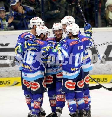 EBEL. Eishockey Bundesliga. EC VSV gegen HC Orli Znojmo. Torjubel Brad Cole,  Marco Pewal, John Hughes, Derek Ryan (VSV). Villach, am 15.1.2013.
Foto: Kuess 


---
pressefotos, pressefotografie, kuess, qs, qspictures, sport, bild, bilder, bilddatenbank