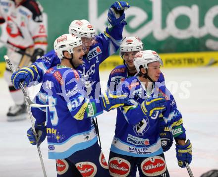 EBEL. Eishockey Bundesliga. EC VSV gegen HC Orli Znojmo. Torjubel Brad Cole, Marco Pewal, John Hughes, Scott Hotham (VSV). Villach, am 15.1.2013.
Foto: Kuess 


---
pressefotos, pressefotografie, kuess, qs, qspictures, sport, bild, bilder, bilddatenbank