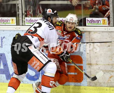 EBEL. Eishockey Bundesliga. EC KAC gegen HC TWK Innsbruck "Die Haie".   Markus Pirmann,  (KAC), Antonin Manavian (Innsbruck). Klagenfurt, am 15.1.2013.
Foto: Kuess 


---
pressefotos, pressefotografie, kuess, qs, qspictures, sport, bild, bilder, bilddatenbank