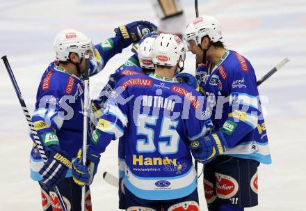 EBEL. Eishockey Bundesliga. EC VSV gegen HC Orli Znojmo. Torjubel Derek Damon, John Hughes, Scott Hotham, Justin Taylor (VSV). Villach, am 15.1.2013.
Foto: Kuess 


---
pressefotos, pressefotografie, kuess, qs, qspictures, sport, bild, bilder, bilddatenbank