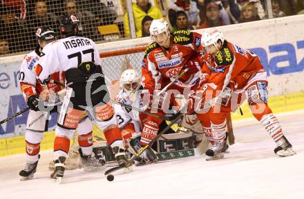 EBEL. Eishockey Bundesliga. EC KAC gegen HC TWK Innsbruck "Die Haie".   Kevin Doell, Tyler Spurgeon, (KAC), Patrick Machreich, Jonathan Insana  (Innsbruck). Klagenfurt, am 15.1.2013.
Foto: Kuess 


---
pressefotos, pressefotografie, kuess, qs, qspictures, sport, bild, bilder, bilddatenbank