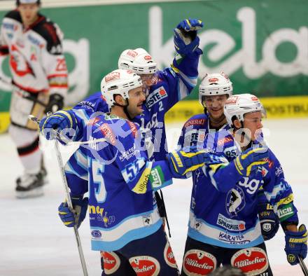 EBEL. Eishockey Bundesliga. EC VSV gegen HC Orli Znojmo. Torjubel Brad Cole, Scott Hotham, Marco Pewal, John Hughes (VSV). Villach, am 15.1.2013.
Foto: Kuess 


---
pressefotos, pressefotografie, kuess, qs, qspictures, sport, bild, bilder, bilddatenbank