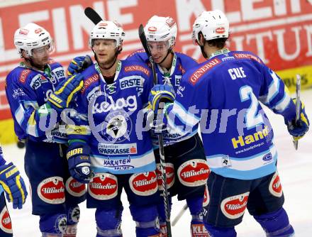 EBEL. Eishockey Bundesliga. EC VSV gegen HC Orli Znojmo. Torjubel Derek Ryan, John Hughes, Marco Pewal, Brad Cole (VSV). Villach, am 15.1.2013.
Foto: Kuess 


---
pressefotos, pressefotografie, kuess, qs, qspictures, sport, bild, bilder, bilddatenbank