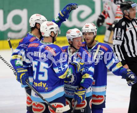 EBEL. Eishockey Bundesliga. EC VSV gegen HC Orli Znojmo. Torjubel Brad Cole, Scott Hotham, Marco Pewal, John Hughes (VSV). Villach, am 15.1.2013.
Foto: Kuess 


---
pressefotos, pressefotografie, kuess, qs, qspictures, sport, bild, bilder, bilddatenbank