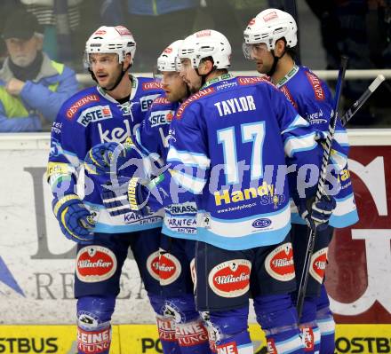 EBEL. Eishockey Bundesliga. EC VSV gegen HC Orli Znojmo. Torjubel Scott Hotham, Derek Damon, Justin Taylor, Brad Cole (VSV). Villach, am 15.1.2013.
Foto: Kuess 


---
pressefotos, pressefotografie, kuess, qs, qspictures, sport, bild, bilder, bilddatenbank