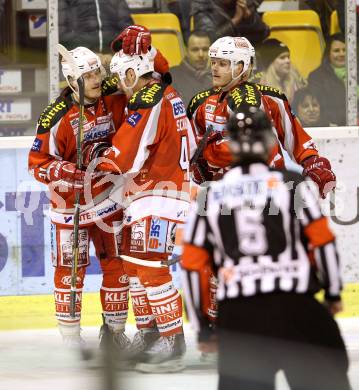 EBEL. Eishockey Bundesliga. EC KAC gegen HC TWK Innsbruck "Die Haie".   Torjubel Manuel Geier, David Schuller, Stephan Geier (KAC). Klagenfurt, am 15.1.2013.
Foto: Kuess 


---
pressefotos, pressefotografie, kuess, qs, qspictures, sport, bild, bilder, bilddatenbank