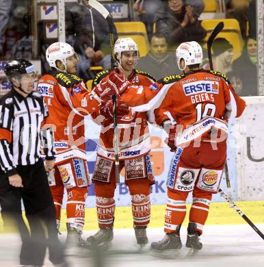 EBEL. Eishockey Bundesliga. EC KAC gegen HC TWK Innsbruck "Die Haie".   Torjubel Manuel Geier, Martin Schumnig, Stefan Geier (KAC). Klagenfurt, am 15.1.2013.
Foto: Kuess 


---
pressefotos, pressefotografie, kuess, qs, qspictures, sport, bild, bilder, bilddatenbank