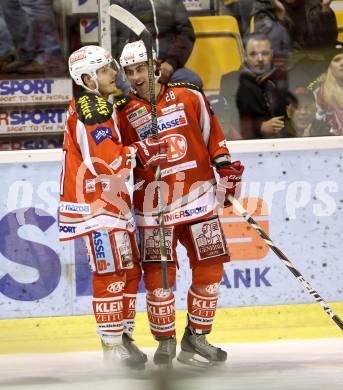 EBEL. Eishockey Bundesliga. EC KAC gegen HC TWK Innsbruck "Die Haie".   Torjubel Manuel Geier, Martin Schumnig (KAC). Klagenfurt, am 15.1.2013.
Foto: Kuess 


---
pressefotos, pressefotografie, kuess, qs, qspictures, sport, bild, bilder, bilddatenbank